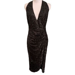 Fashion Nova Faux Wrap Black Sequin Front Slit Halter Dress Open Back Sz M